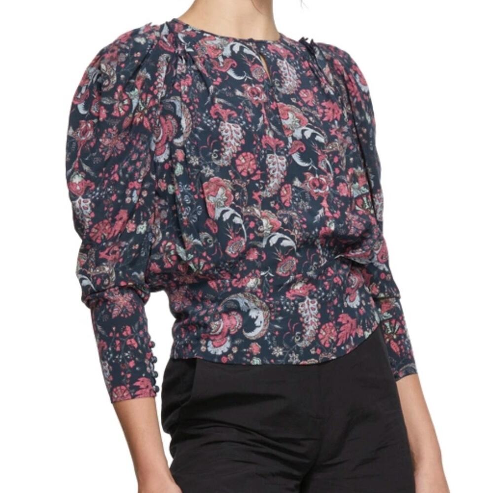 Isabel Marant Zarga $875 Silk Crepe Navy Paisley Floral Womens V-Neck Top Blouse